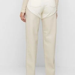 Woman Trousers Heart Vegan Leather And Denim Trousers - Beige