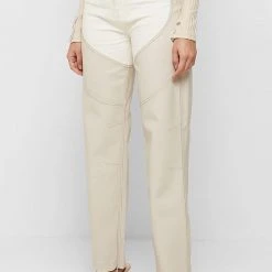 Woman Trousers Heart Vegan Leather And Denim Trousers - Beige