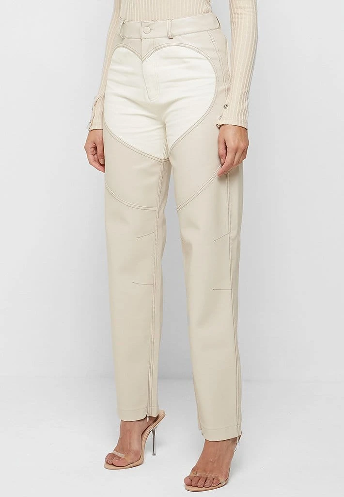 Woman Trousers Heart Vegan Leather And Denim Trousers - Beige