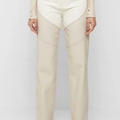 Woman Trousers Heart Vegan Leather And Denim Trousers - Beige