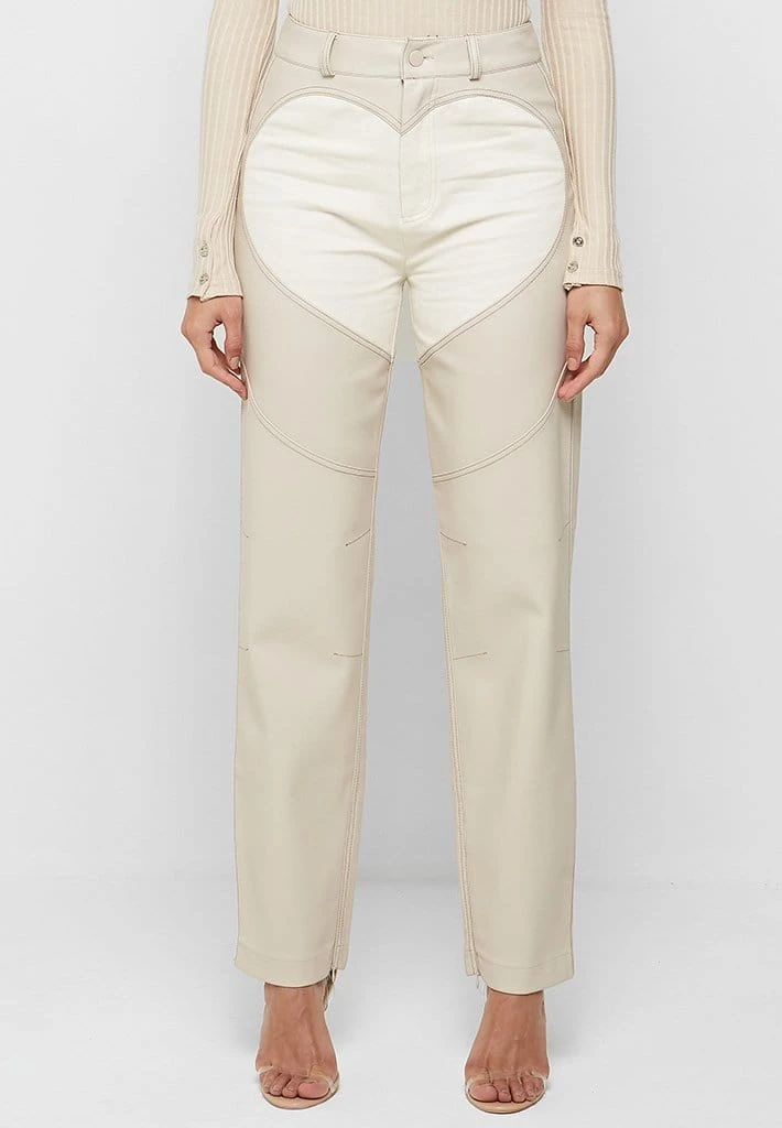 Woman Trousers Heart Vegan Leather And Denim Trousers - Beige
