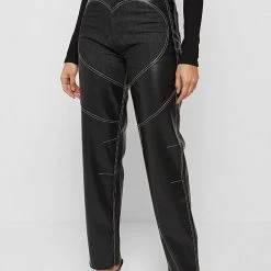 Woman Trousers Heart Vegan Leather And Denim Trousers - Black