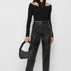 Woman Trousers Heart Vegan Leather And Denim Trousers - Black