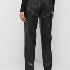 Woman Trousers Heart Vegan Leather And Denim Trousers - Black