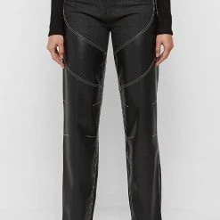 Woman Trousers Heart Vegan Leather And Denim Trousers - Black