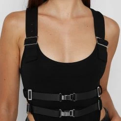 Woman Tops High Leg Double Belted Bodysuit - Black BODYSUITS