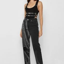 Woman Tops High Leg Double Belted Bodysuit - Black BODYSUITS