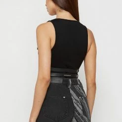 Woman Tops High Leg Double Belted Bodysuit - Black BODYSUITS