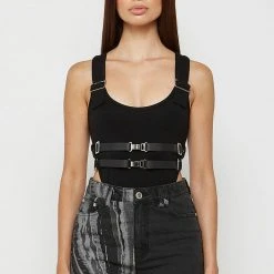 Woman Tops High Leg Double Belted Bodysuit - Black BODYSUITS