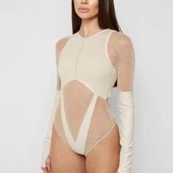 Woman Tops High Leg Effect Vegan Leather Bodysuit - Beige BODYSUITS