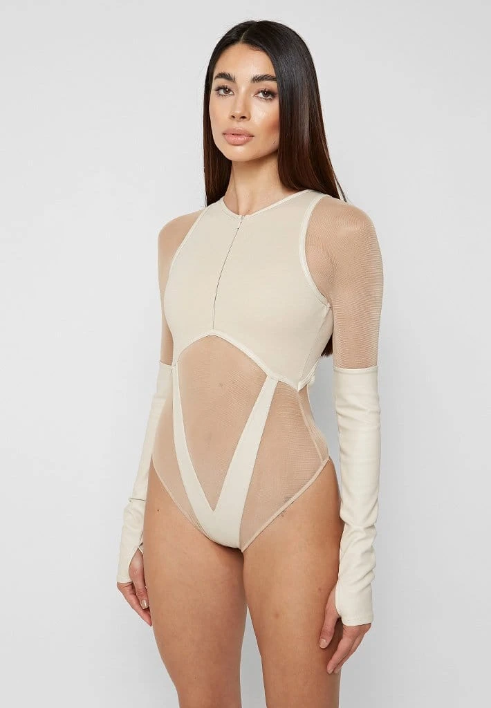 Woman Tops High Leg Effect Vegan Leather Bodysuit - Beige BODYSUITS