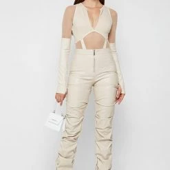 Woman Tops High Leg Effect Vegan Leather Bodysuit - Beige BODYSUITS