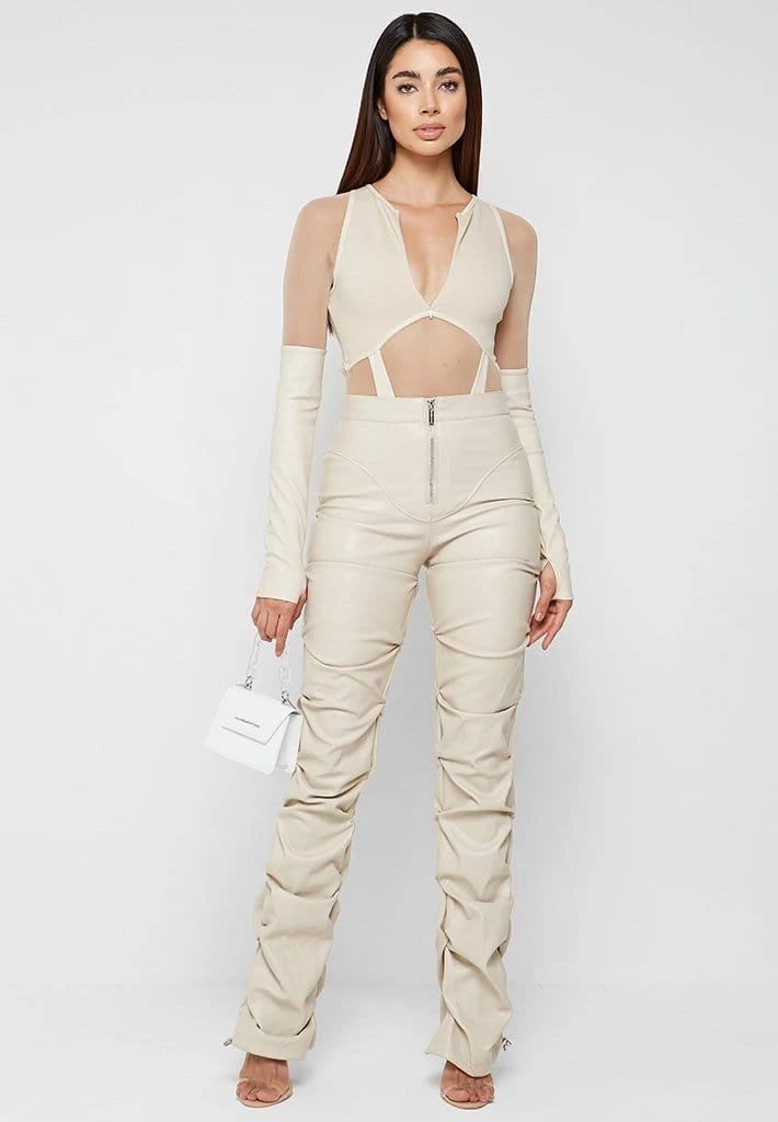 Woman Tops High Leg Effect Vegan Leather Bodysuit - Beige BODYSUITS