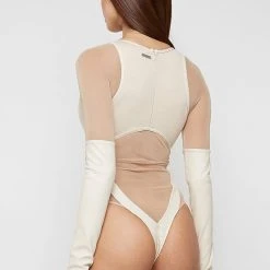 Woman Tops High Leg Effect Vegan Leather Bodysuit - Beige BODYSUITS