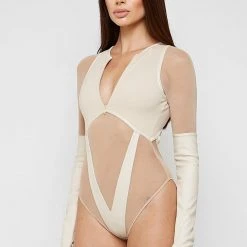 Woman Tops High Leg Effect Vegan Leather Bodysuit - Beige BODYSUITS