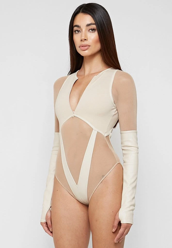 Woman Tops High Leg Effect Vegan Leather Bodysuit - Beige BODYSUITS