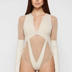 Woman Tops High Leg Effect Vegan Leather Bodysuit - Beige BODYSUITS