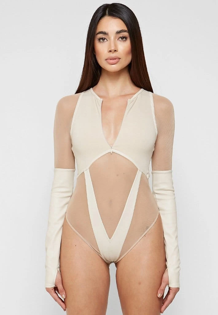 Woman Tops High Leg Effect Vegan Leather Bodysuit - Beige BODYSUITS