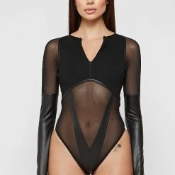 Woman Tops High Leg Effect Vegan Leather Bodysuit - Black