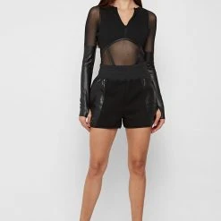 Woman Tops High Leg Effect Vegan Leather Bodysuit - Black