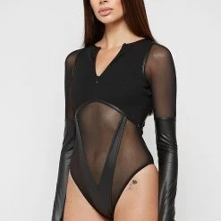 Woman Tops High Leg Effect Vegan Leather Bodysuit - Black