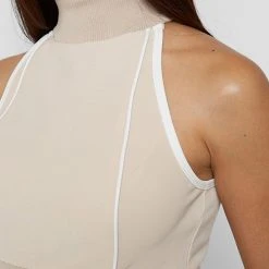 Woman Tops TOPS & T SHIRTS High Neck Contrast Crop Top - Beige/White