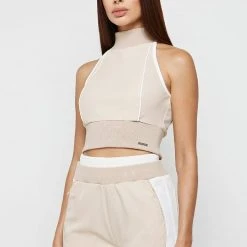 Woman Tops TOPS & T SHIRTS High Neck Contrast Crop Top - Beige/White