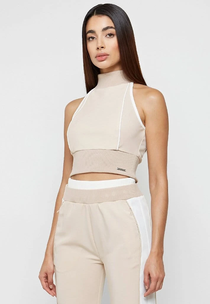 Woman Tops TOPS & T SHIRTS High Neck Contrast Crop Top - Beige/White