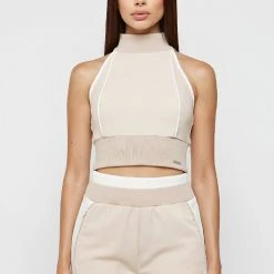 Woman Tops TOPS & T SHIRTS High Neck Contrast Crop Top - Beige/White