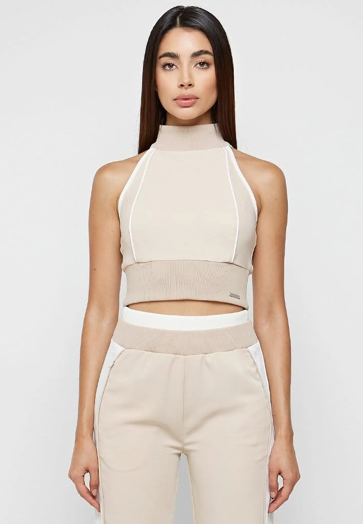 Woman Tops TOPS & T SHIRTS High Neck Contrast Crop Top - Beige/White