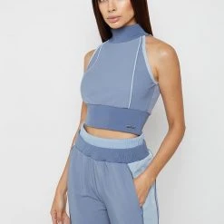 Woman Tops High Neck Contrast Crop Top - Steel Blue
