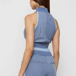 Woman Tops High Neck Contrast Crop Top - Steel Blue