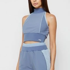 Woman Tops High Neck Contrast Crop Top - Steel Blue