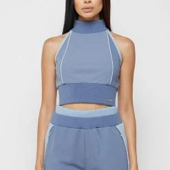 Woman Tops High Neck Contrast Crop Top - Steel Blue