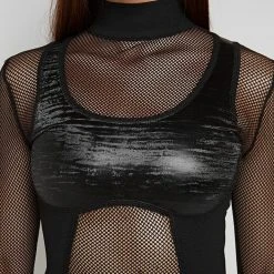 Woman Tops High Neck Mesh Bodysuit - Black BODYSUITS
