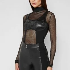 Woman Tops High Neck Mesh Bodysuit - Black BODYSUITS