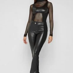 Woman Tops High Neck Mesh Bodysuit - Black BODYSUITS