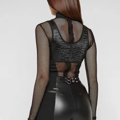 Woman Tops High Neck Mesh Bodysuit - Black BODYSUITS