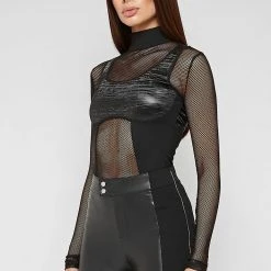 Woman Tops High Neck Mesh Bodysuit - Black BODYSUITS