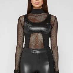 Woman Tops High Neck Mesh Bodysuit - Black BODYSUITS