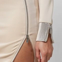 Woman Dresses High Neck Neoprene Zip Detail Dress - Beige