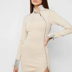 Woman Dresses High Neck Neoprene Zip Detail Dress - Beige