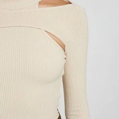 Woman Tops High Neck Ribbed Crop Top - Beige TOPS & T SHIRTS