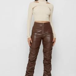 Woman Tops High Neck Ribbed Crop Top - Beige TOPS & T SHIRTS