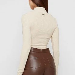 Woman Tops High Neck Ribbed Crop Top - Beige TOPS & T SHIRTS