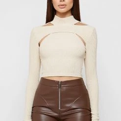 Woman Tops High Neck Ribbed Crop Top - Beige TOPS & T SHIRTS