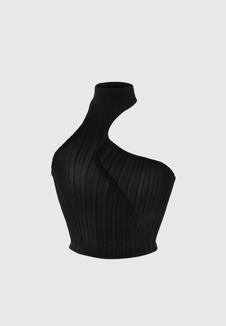 Woman Tops TOPS & T SHIRTS High Neck Sheer Asymmetric Crop Top - Black