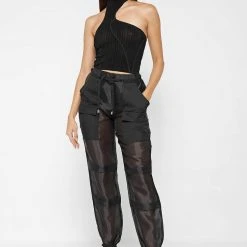 Woman Tops TOPS & T SHIRTS High Neck Sheer Asymmetric Crop Top - Black