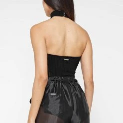 Woman Tops TOPS & T SHIRTS High Neck Sheer Asymmetric Crop Top - Black