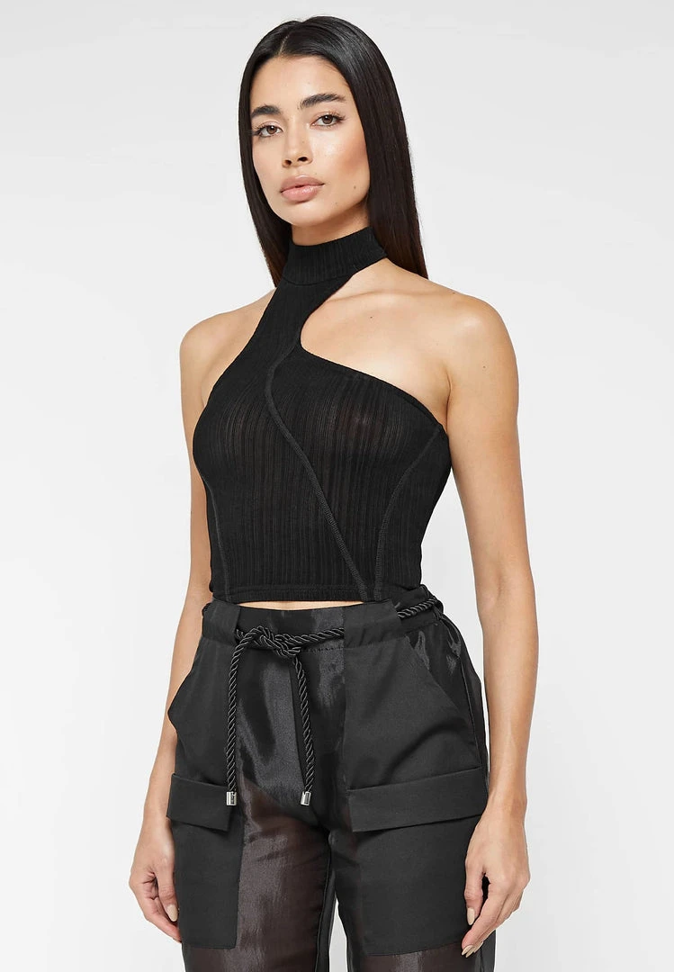 Woman Tops TOPS & T SHIRTS High Neck Sheer Asymmetric Crop Top - Black